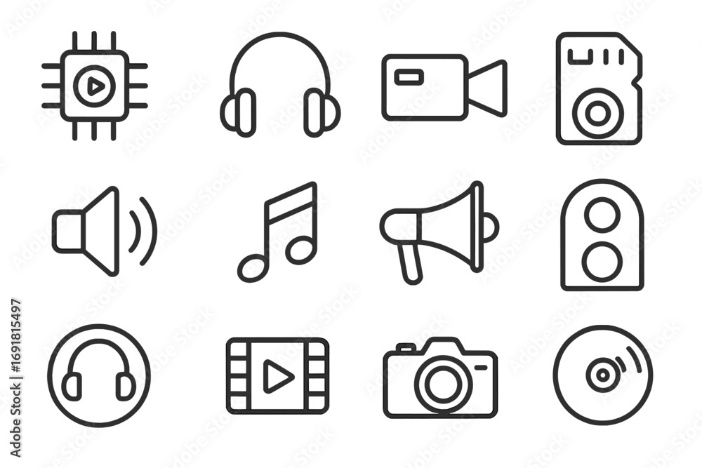 Aufkleber sound and video line icon set. multimedia collection for web design, apps, and ui ux. vector symbols