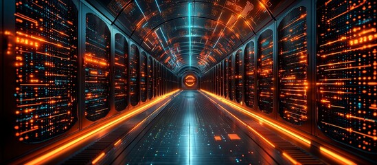 Fototapeta premium A futuristic server room hallway with glowing data displays prominently featured