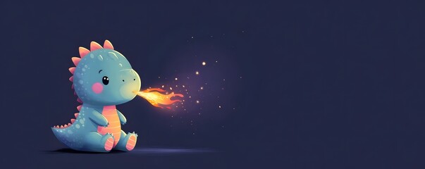 A cute baby dragon in cartoon style breathes a gentle flame with sparkles
