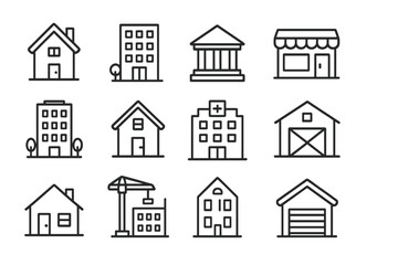 Building line icon set. House, bank, hospital, store, construction site vector symbols. Real estate, property & architecture outline pictograms for web & app design. Urban life.