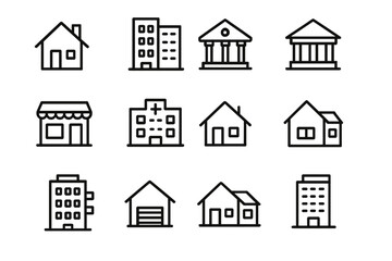 Fototapeta premium Building line icon set. Real estate symbols. House, bank, hospital, store, office vector icons. Urban architecture pictogram collection. Outline graphic for web, app, UI, ux.