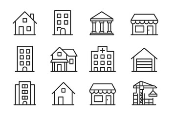 Building line icon set. House, hospital, bank, store. Real estate and construction vector icons. Simple outline pictograms for web design and apps. Urban architecture symbols.