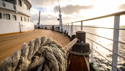 Obraz premium Ship Deck with Rope and Ocean View