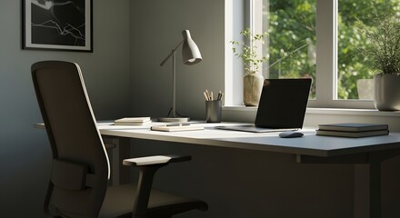 Minimalist home office desk with lamp and decor