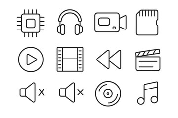 Sound and video line icon bundle modern vector set for design, apps, websites, cards includes chip, headphones, camera, memory card, play, film, rewind, clapper, mute, music notes