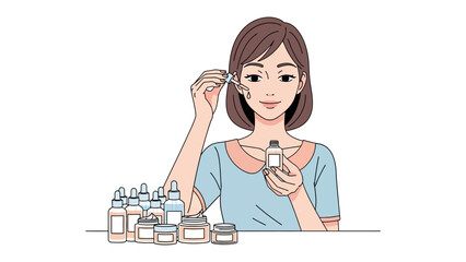 Young woman applying facial serum from a dropper bottle to her cheek surrounded by various skincare products and bottles on a table