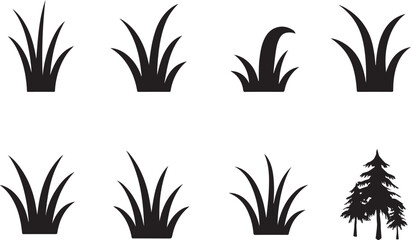 Black silhouette grass clumps and pine trees white