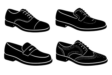 Men's classic dress shoe collection silhouette designs. Set of black vector icons includes oxfords, loafers, and brogues. Formal footwear for business and fashion.