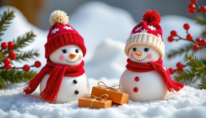 Fototapeta premium Festive Snowmen with Gift and Holiday Decorations