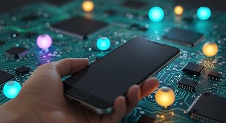 Smartphone Hand Holding Device Over Circuit Board with Colorful Lights