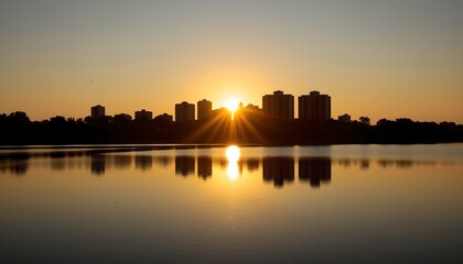 Fototapeta premium Golden Sunset Reflection Skyline and Water Scene