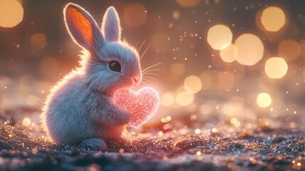 Adorable bunny holding a glowing heart