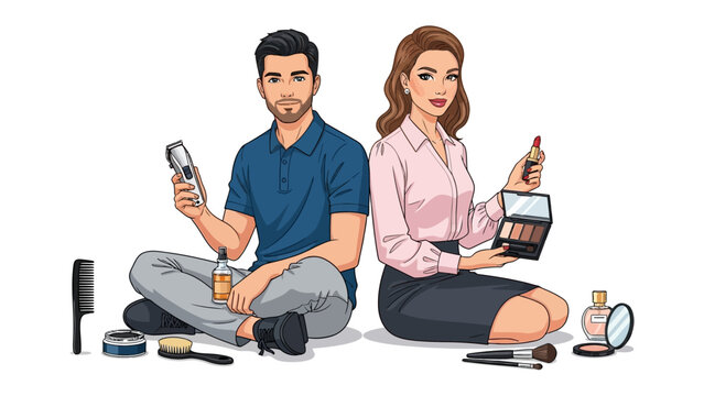 Diverse gender expression in beauty and makeup application with a man and woman holding cosmetics and tools representing inclusivity and modern gender roles in personal grooming - Powered by Adobe
