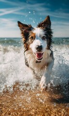 A happy wet dog runs through ocean waves on a sandy beach under a bright blue sky