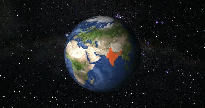 India map highlighted with border, zooming in from the space. Beautiful View of the Globe from Orbit Satellite.