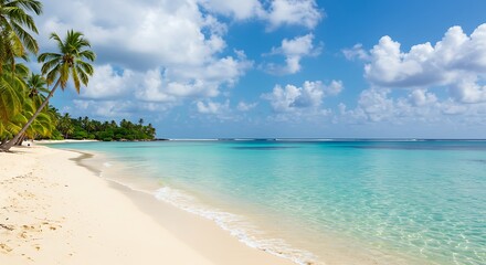 Fototapeta premium A classic tropical beach scene featuring white sand, turquoise water, and palm trees under a blue sky with clouds