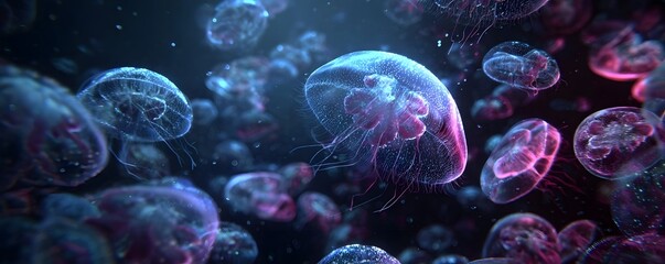 Glowing translucent jellyfish drift serenely in a dark ethereal underwater ocean environment with vibrant bioluminescent colors
