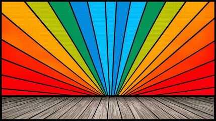Colorful Rainbow Rays with Wooden Floor Banner Background for Creative Design, Retro Stage, Vintage Poster, Party Decoration, and Presentation
