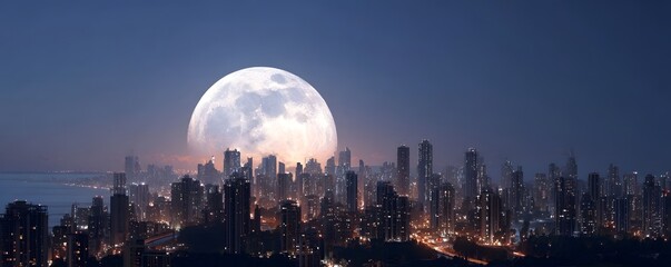 A massive luminous moon dominates the night sky rising dramatically behind a vast and brightly illuminated modern city skyline