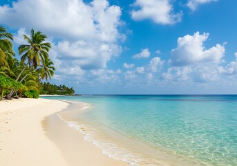 A classic tropical beach scene featuring white sand, turquoise water, and palm trees under a blue sky with clouds