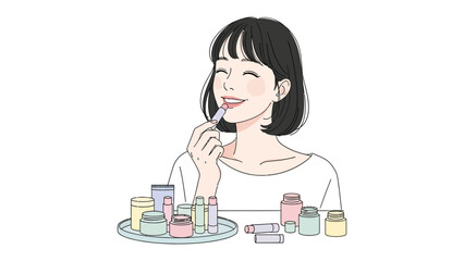 Young woman applying lipstick with a smile surrounded by various beauty products and makeup on a table illustration style