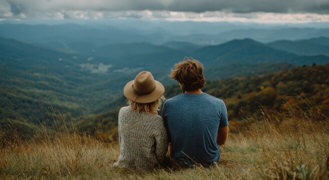 A couple embraces nature, gazing at a layered mountain range under a cloudy sky