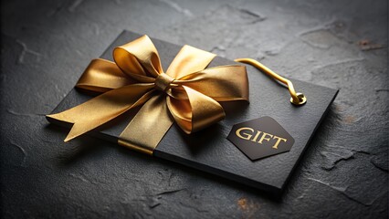 Black gift box with gold ribbon and gift tag