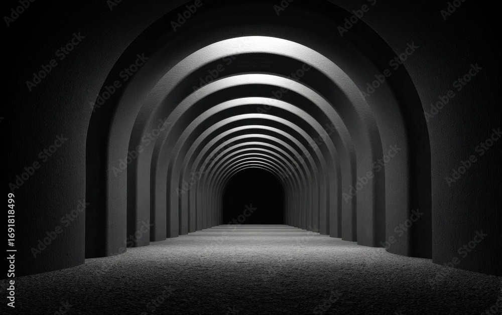 Poster a long dark tunnel with arch-shaped structures and light at the end