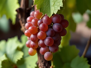 A close-up of a ripe bunch of red grapes hanging on the vine with green leaves in natural light.