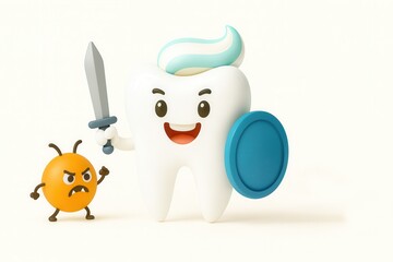 Fototapeta premium Smiling cartoon tooth with toothpaste hair holding sword and shield, fighting germs, symbolizing oral care and strong dental protection. 