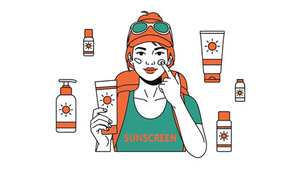 Stylish woman applying sunscreen with various skincare products and sun protection items around her
