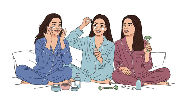 Three young women in matching pajamas enjoying a relaxing self care beauty routine together at home with skincare products - Powered by Adobe