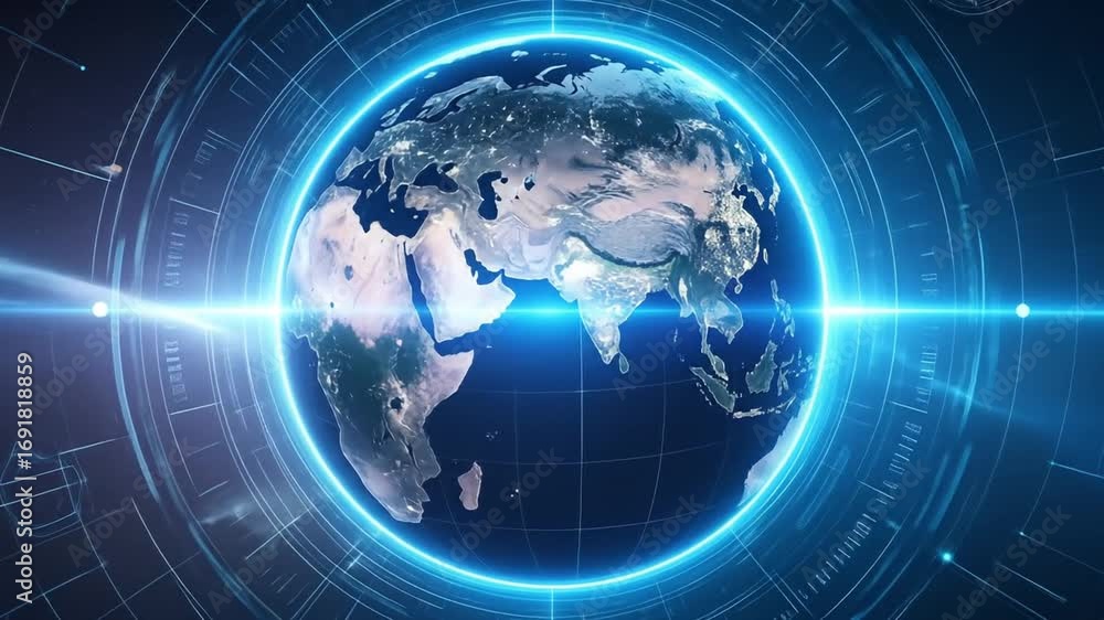 Poster global digital network: animated earth with futuristic data overlay