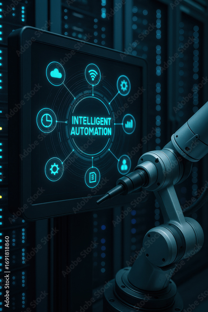 Poster intelligent automation concept with robotic arm and digital interface in data center environment