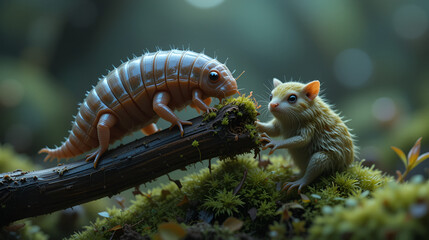 The tardigrade is walking over the stick and tries hardly to tear away from it. Moss piglet is moving it's paws clambering the growth with it's claws. Theme of the microcosmos and it's inhabitants.