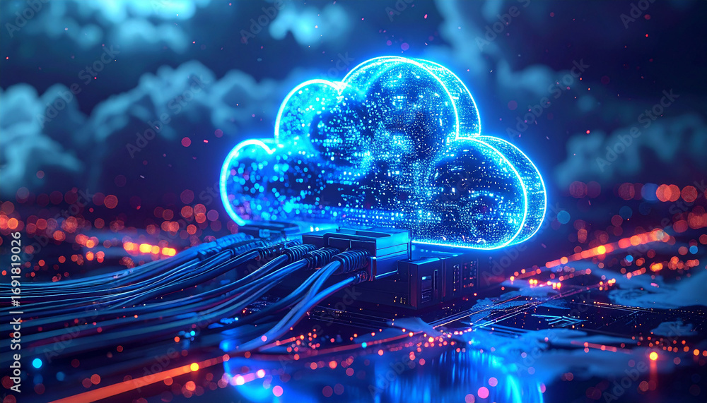 Poster cloud computing in the digital realm: a glowing cloud emerges amidst a futuristic landscape, a visua