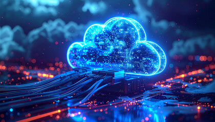 Cloud Computing in the Digital Realm: A glowing cloud emerges amidst a futuristic landscape, a visual metaphor for data storage and connectivity in the information age.