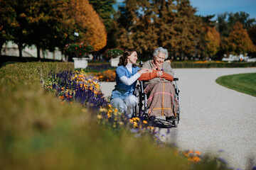 Disabled elderly woman in wheelchair on walk in the park during warm autumn day. Young nurse showing senior woman a flower.