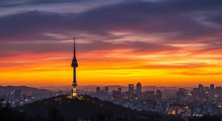 Obraz premium Sunrise over city skyline tower
