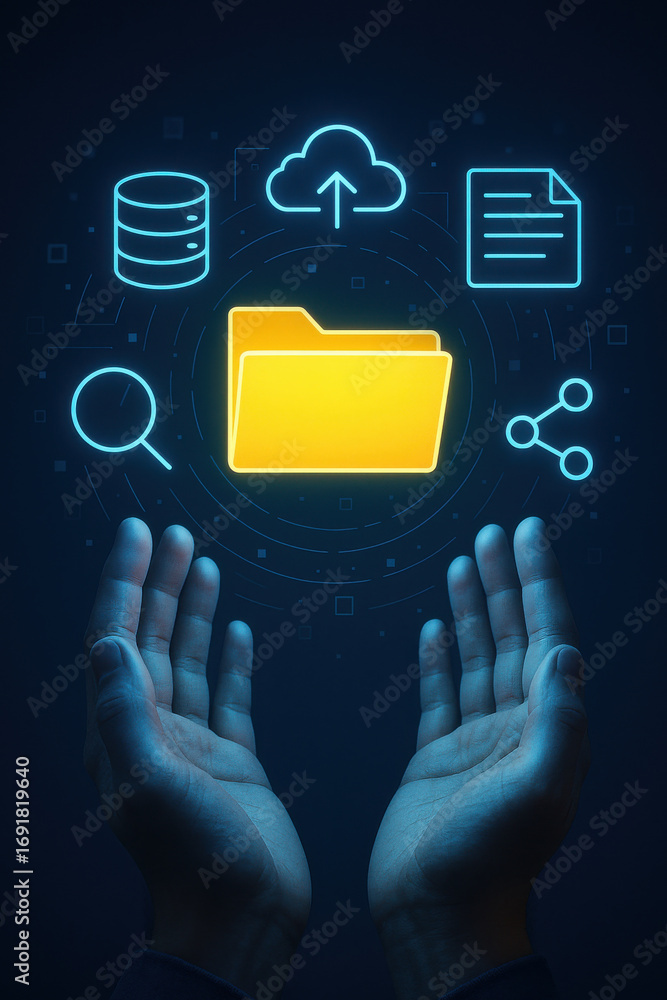 Poster digital file management concept with glowing folder and icons above open hands