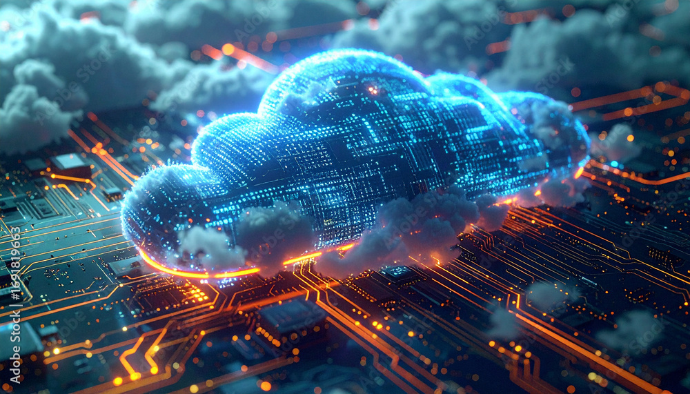 Aufkleber cloud computing: a futuristic digital rendering showcases a glowing cloud formation, intertwined wit