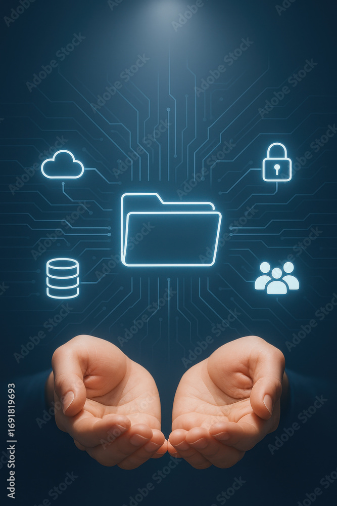 Poster hands holding digital folder icon with cloud, lock, database, and user symbols representing data