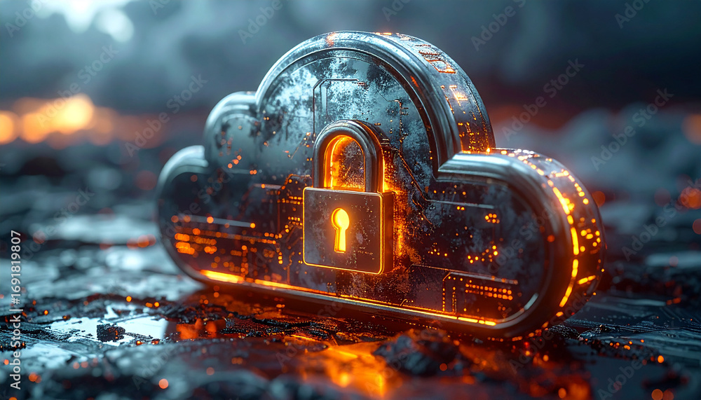 Poster cloud security: a digital cloud icon adorned with a secure padlock symbolizes robust data protection