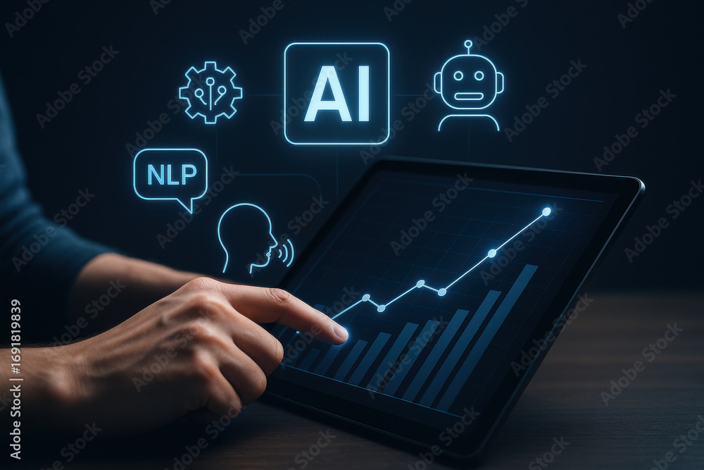 Poster person using tablet with ai and nlp icons showing technology growth and chatbot concept