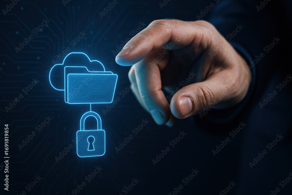 Poster hand interacting with digital cloud storage and security icons representing data protection
