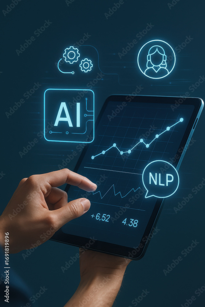 Poster ai technology with natural language processing and data analytics on tablet