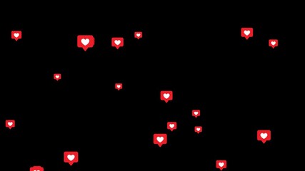 Animated social media like icons with red heart notifications floating up on transparent background. Modern digital animation for marketing, followers, engagement, feedback and interaction design - Powered by Adobe
