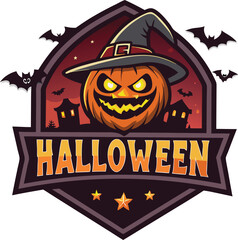 Halloween vector art of halloween pumpkin wearing a witch hat, surrounded by bats and spooky houses, creating a festive and eerie atmosphere for halloween celebrations and designs