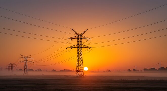 Sunrise over power transmission lines