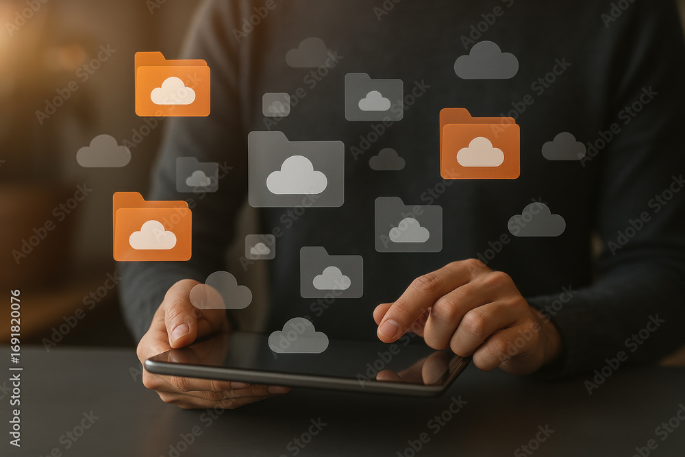 Poster cloud folder icons and digital data storage concept with person using tablet